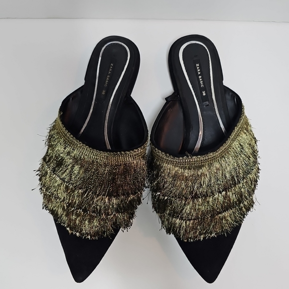 Zara Pointy-Toe Flat Mules with Fringe Black/Gold, Size 38 - Picture 13 of 16